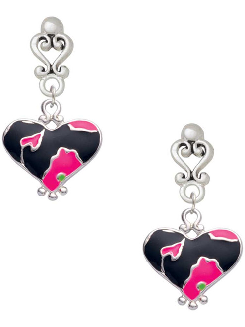 Silver Plated Hot Pink Large Cheetah Print Heart - Filigree Heart Post Earrings