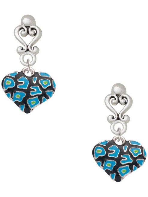 Silver Plated Hot Blue Cheetah Print Heart - Filigree Heart Post Earrings