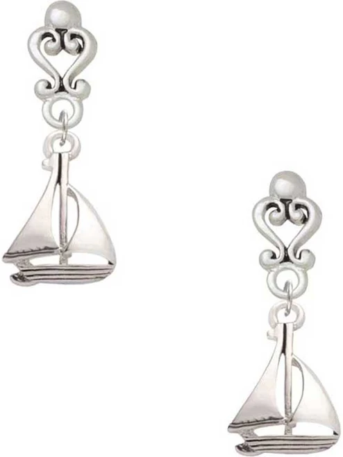 Silver Plated Antiqued Sailboat - Filigree Heart Post Earrings