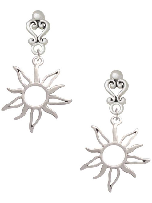 Silver Plated Open Design Sun - Filigree Heart Post Earrings