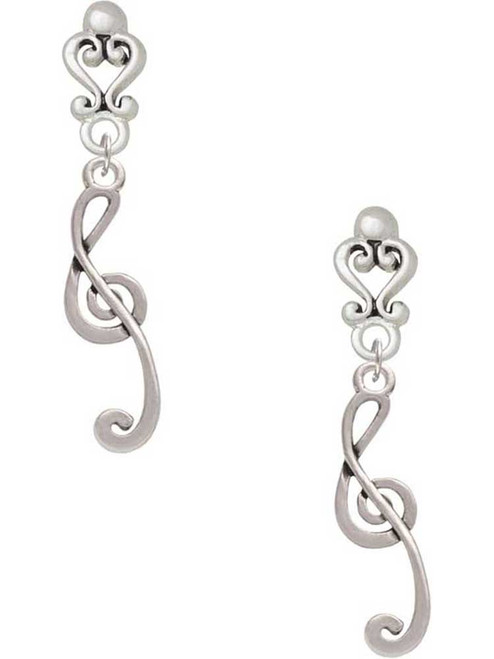 Silver Plated Long Curly Clef - Filigree Heart Post Earrings