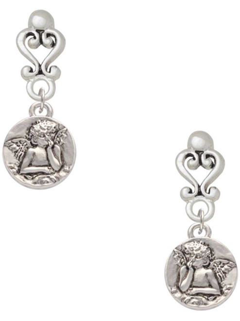 Silver Plated Small Raphael Angel on Disc - Filigree Heart Post Earrings