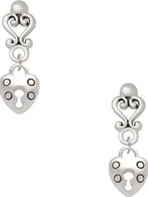 Silver Plated Small Heart Lock with Keyhole - Filigree Heart Post Earrings