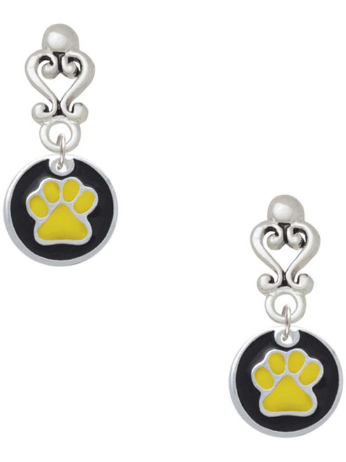 Silver Plated Yellow Paw on Black Disc - Filigree Heart Post Earrings