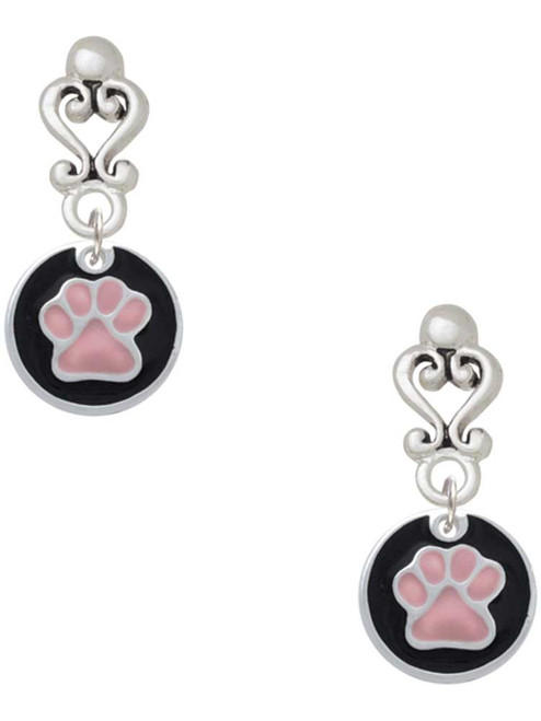 Silver Plated Pink Paw on Black Disc - Filigree Heart Post Earrings