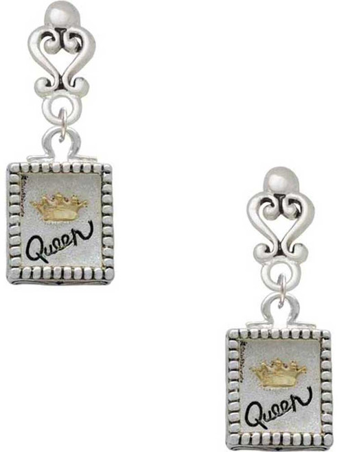 Two-tone Shadow Box ''Queen'' with Gold-tone Crown - Filigree Heart Post Earrings