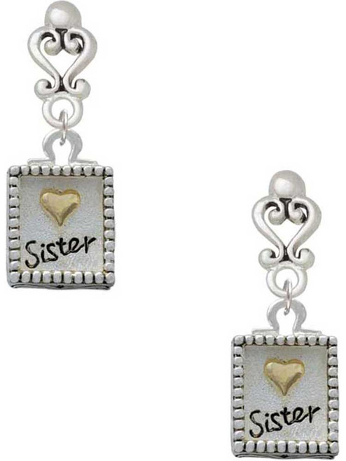 Two-tone Shadow Box ''Sister'' with Gold-tone Heart - Filigree Heart Post Earrings