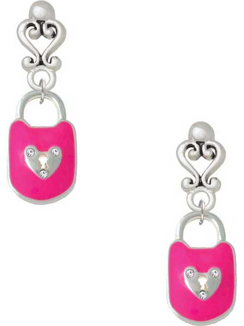 Silver Plated Hot Pink Enamel Lock with Clear Crystals - Filigree Heart Post Earrings