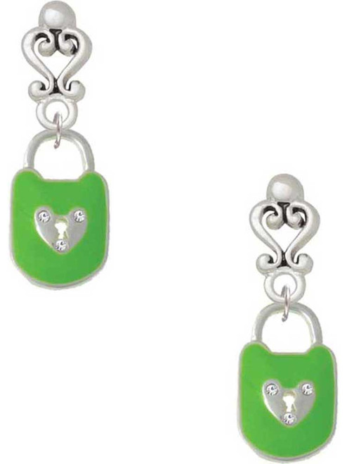 Silver Plated Lime Green Enamel Lock with Clear Crystals - Filigree Heart Post Earrings
