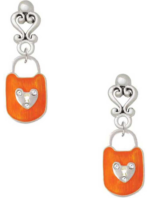 Silver Plated Hot Orange Enamel Lock with Clear Crystals - Filigree Heart Post Earrings