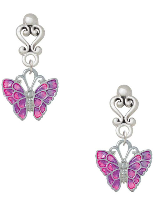 Silver Plated Hot Pink & Purple Butterfly - Filigree Heart Post Earrings