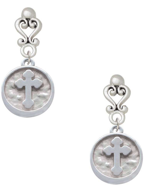 Silver Plated Botonee Cross - Round Seal - Filigree Heart Post Earrings