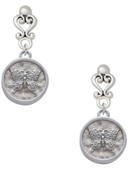 Silver Plated Butterfly - Round Seal - Filigree Heart Post Earrings