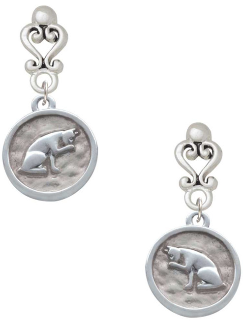 Silver Plated Sitting Cat - Round Seal - Filigree Heart Post Earrings