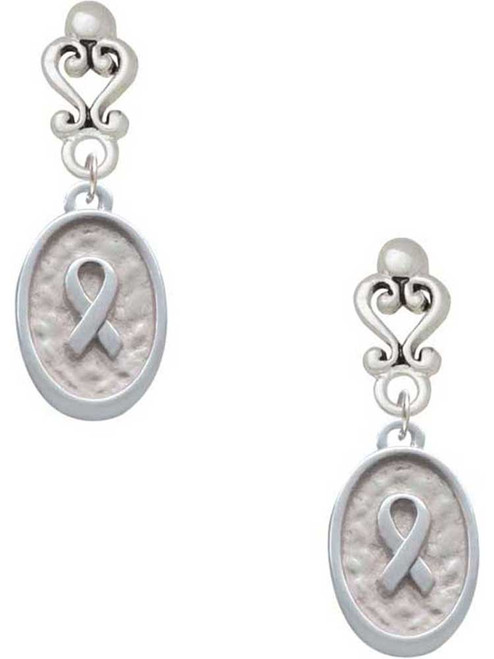 Silver Plated Awareness Ribbon - Oval Seal - Filigree Heart Post Earrings