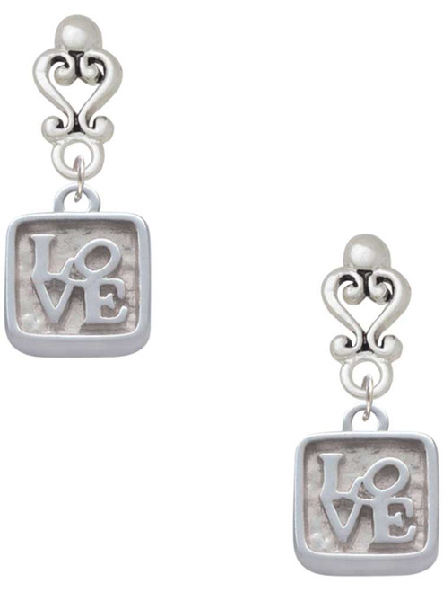 Silver Plated Love Square - Square Seal - Filigree Heart Post Earrings