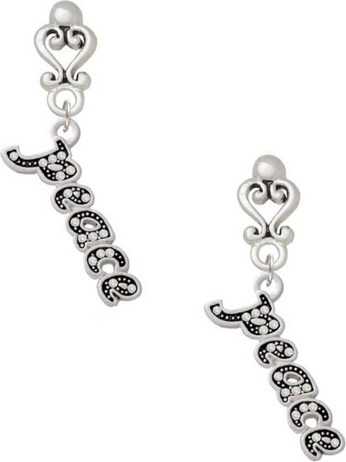 Silver Plated Crystal Script ''Peace'' - Filigree Heart Post Earrings