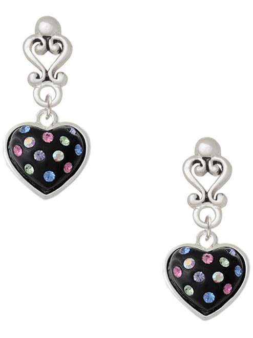 Silver Plated Black Resin Heart with Tropical Crystals - Filigree Heart Post Earrings