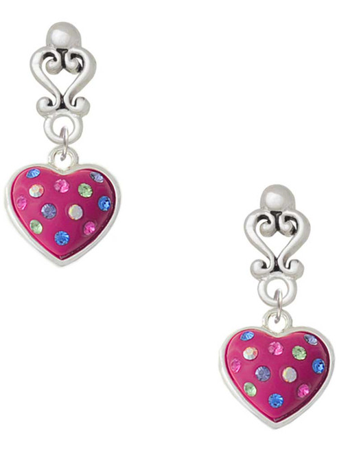 Silver Plated Hot Pink Resin Heart in Frame - Filigree Heart Post Earrings