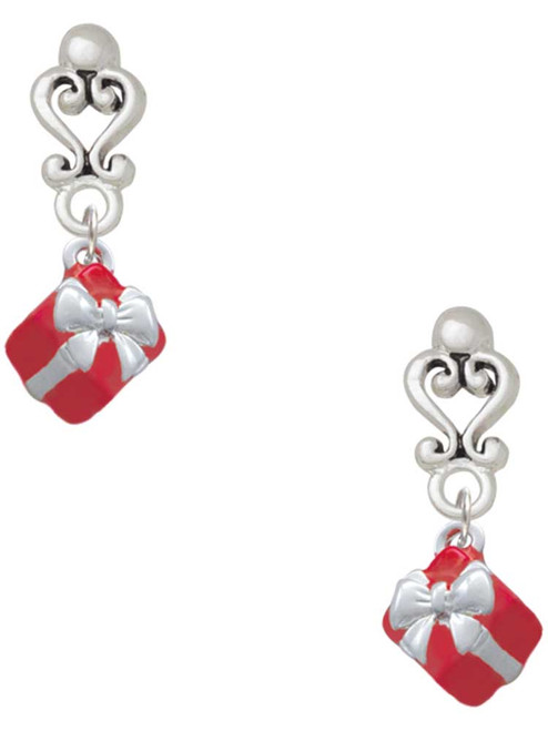 Silver Plated Small 3-D Red Present Box with Bow - Filigree Heart Post Earrings