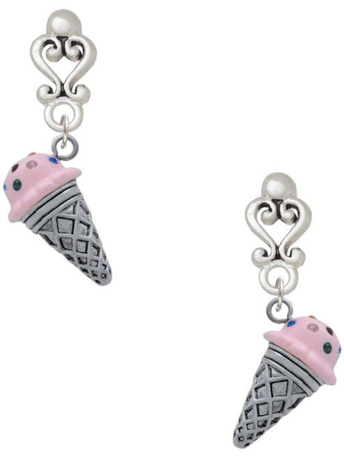 Silver Plated 3-D Resin Strawberry Ice Cream Cone with Crystals - Filigree Heart Post Earrings