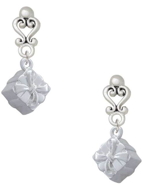 Silver Plated 3-D Present Box with Bow and Crystal - Filigree Heart Post Earrings