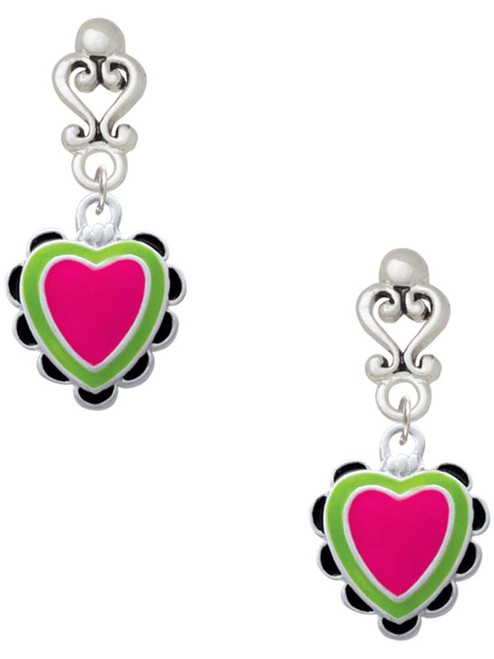 Silver Plated Hot Pink & Lime Green Heart with Black Ruffles - Filigree Heart Post Earrings