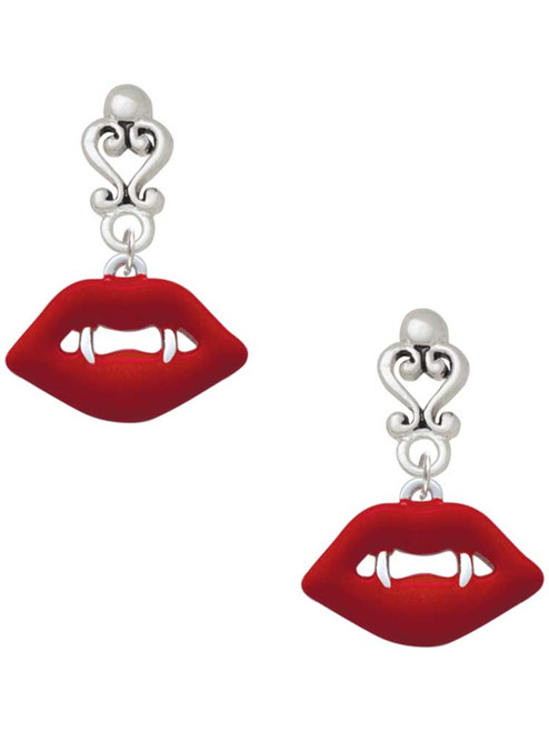 Silver Plated Red Enamel Vampire Lips - Filigree Heart Post Earrings