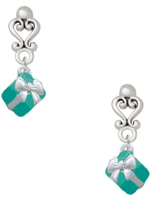 Silver Plated Small 3-D Teal Present with Bow - Filigree Heart Post Earrings