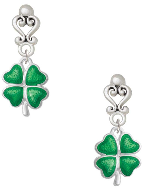 Silver Plated Translucent Green Lucky Four Leaf Clover - Filigree Heart Post Earrings
