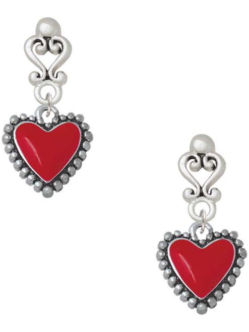 Silver Plated Red Heart with Beaded Border - Filigree Heart Post Earrings