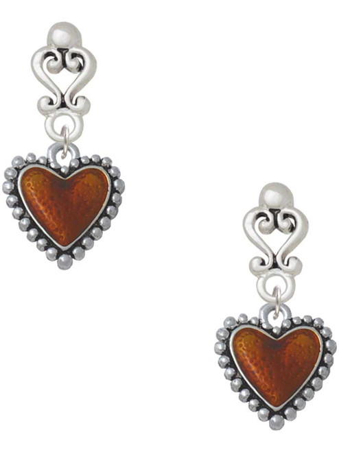 Silver Plated Translucent Brown Heart with Beaded Border - Filigree Heart Post Earrings
