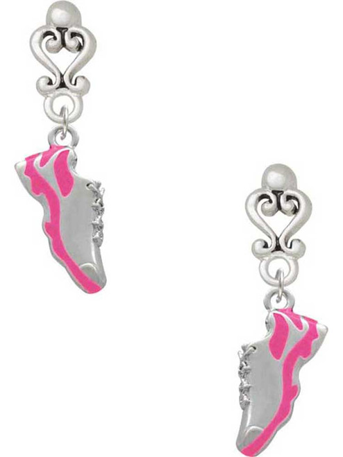 Silver Plated Hot Pink Running Shoe - Filigree Heart Post Earrings