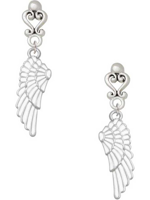 Silver Plated Large White Enamel Angel Wing - Filigree Heart Post Earrings