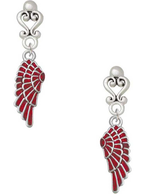 Silver Plated Medium Translucent Red Angel Wing - Filigree Heart Post Earrings