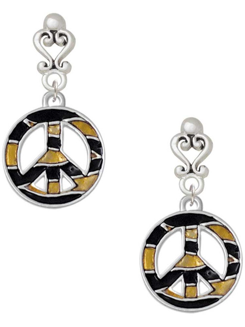 Silver Plated Large Brown Tiger Print Peace Sign - Filigree Heart Post Earrings