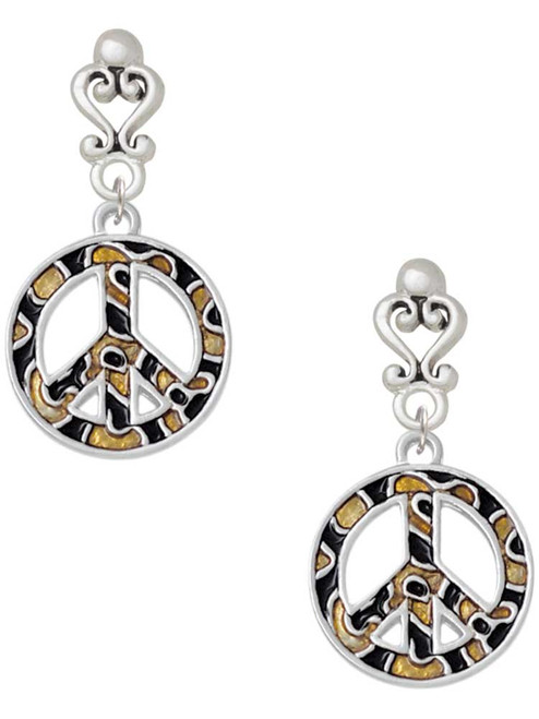 Silver Plated Large Brown Cheetah Print Peace Sign - Filigree Heart Post Earrings