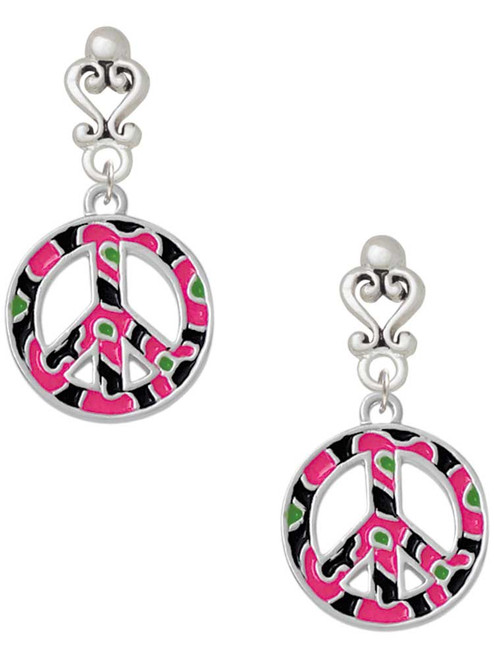 Silver Plated Large Hot Pink Cheetah Print Peace Sign - Filigree Heart Post Earrings