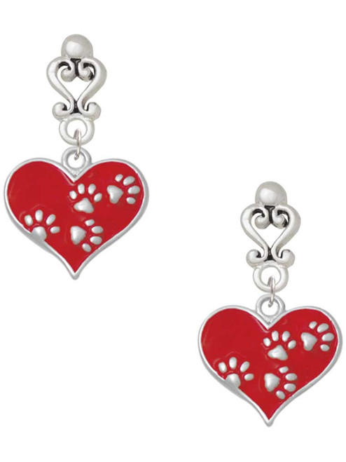 Silver Plated Red Enamel Heart with Paw Prints - Filigree Heart Post Earrings