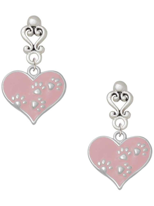 Silver Plated Pink Enamel Heart with Paw Prints - Filigree Heart Post Earrings
