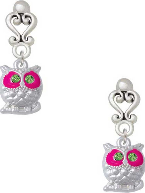 Silver Plated Owl with Hot Pink & Lime Green Crystal Eyes - Filigree Heart Post Earrings