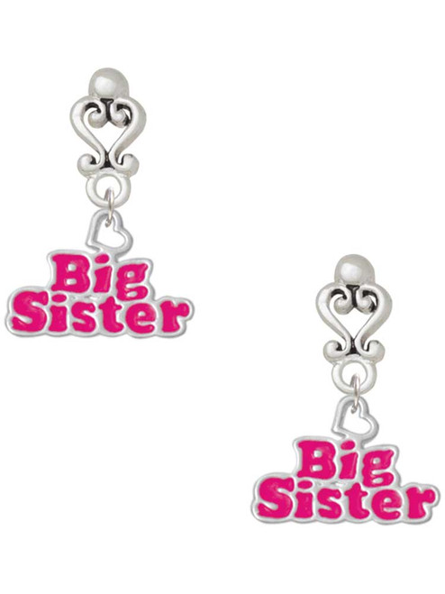Silver Plated Hot Pink ''Big Sister'' with Heart - Filigree Heart Post Earrings