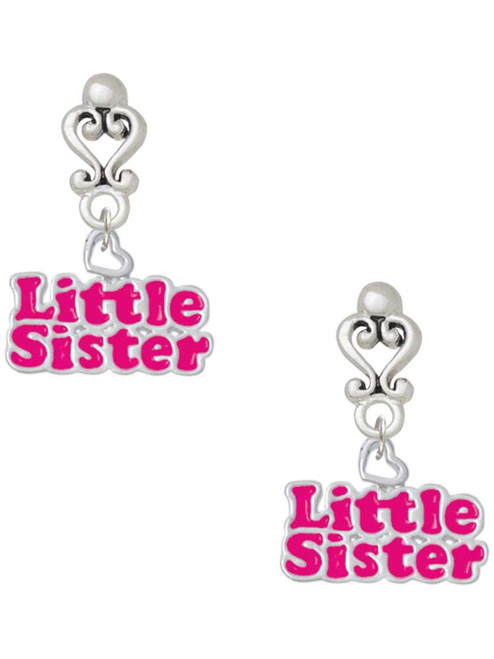 Silver Plated Hot Pink ''Little Sister'' with Heart - Filigree Heart Post Earrings