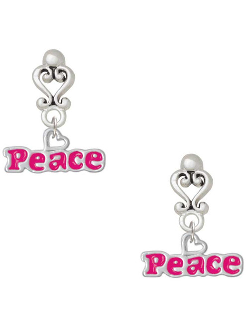 Silver Plated Hot Pink ''Peace'' with Heart - Filigree Heart Post Earrings