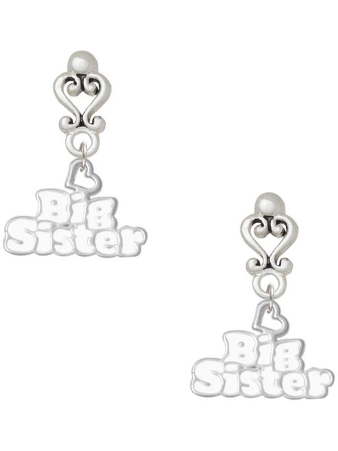 Silver Plated White ''Big Sister'' with Heart - Filigree Heart Post Earrings
