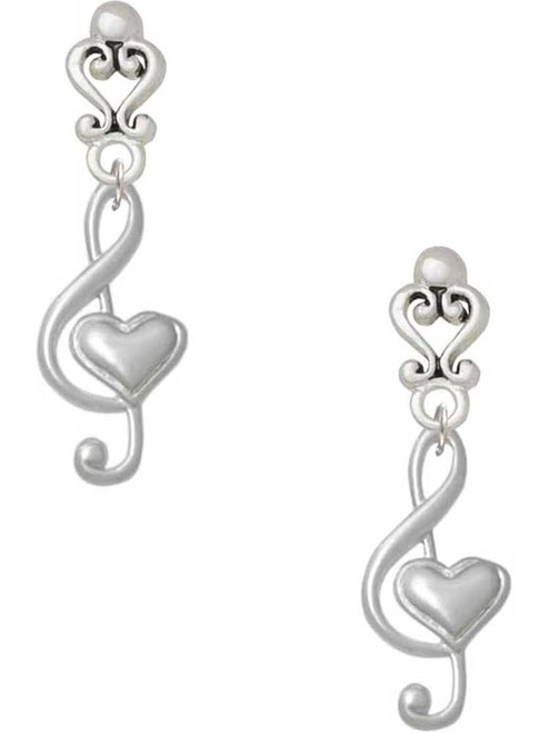 Silver Plated Large Clef with Heart - Filigree Heart Post Earrings
