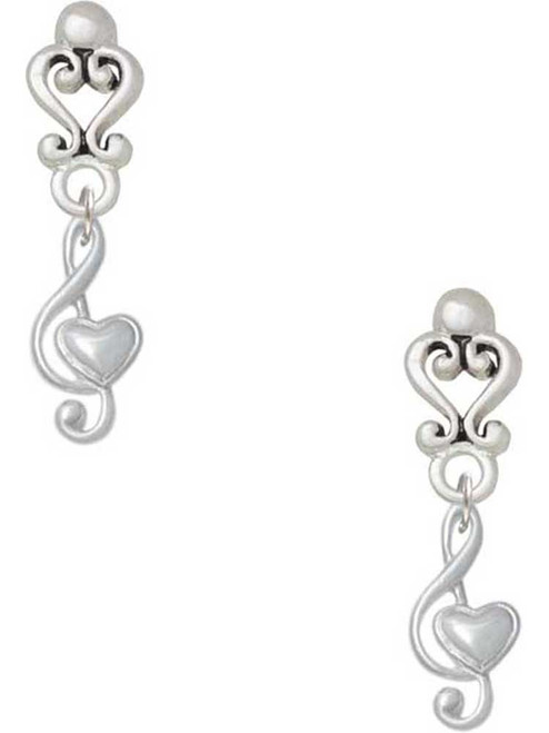 Silver Plated Medium Clef with Heart - Filigree Heart Post Earrings