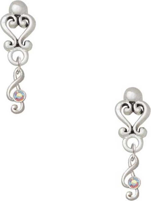 Silver Plated Mini Clef with AB Crystal - Filigree Heart Post Earrings