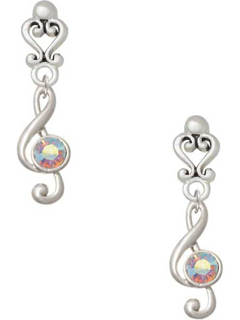 Silver Plated Medium Clef with AB Crystal - Filigree Heart Post Earrings