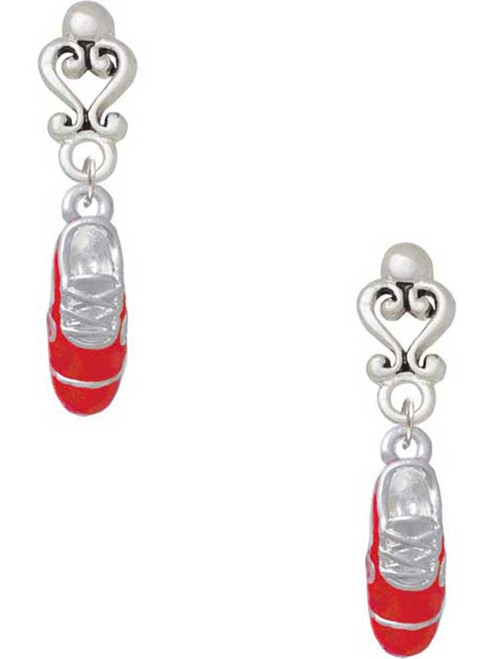 Silver Plated 3-D Red Running Shoe - Filigree Heart Post Earrings